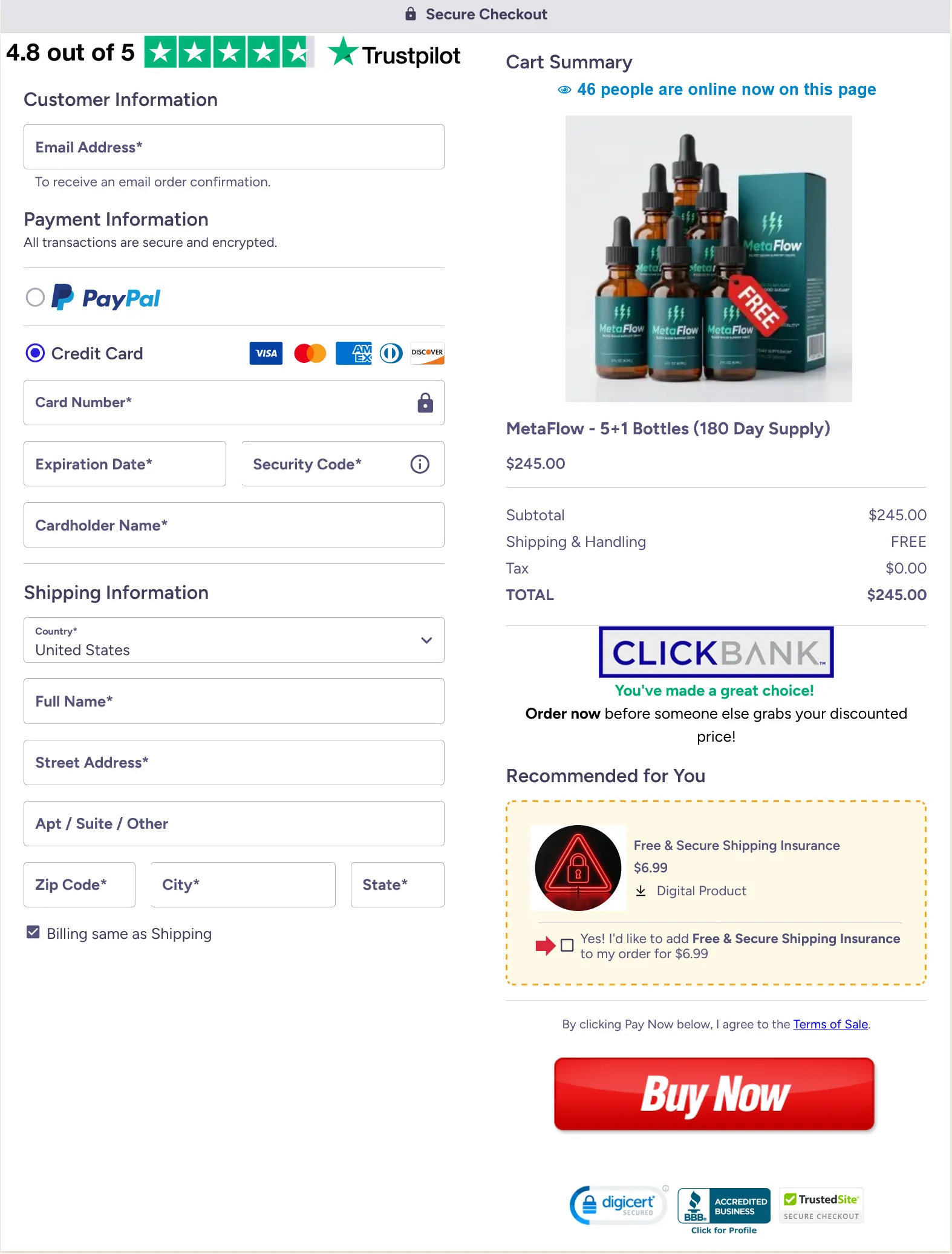 MetaFlow secure checkout page USA - 180-day supply bundle order - Trusted Nutra Products